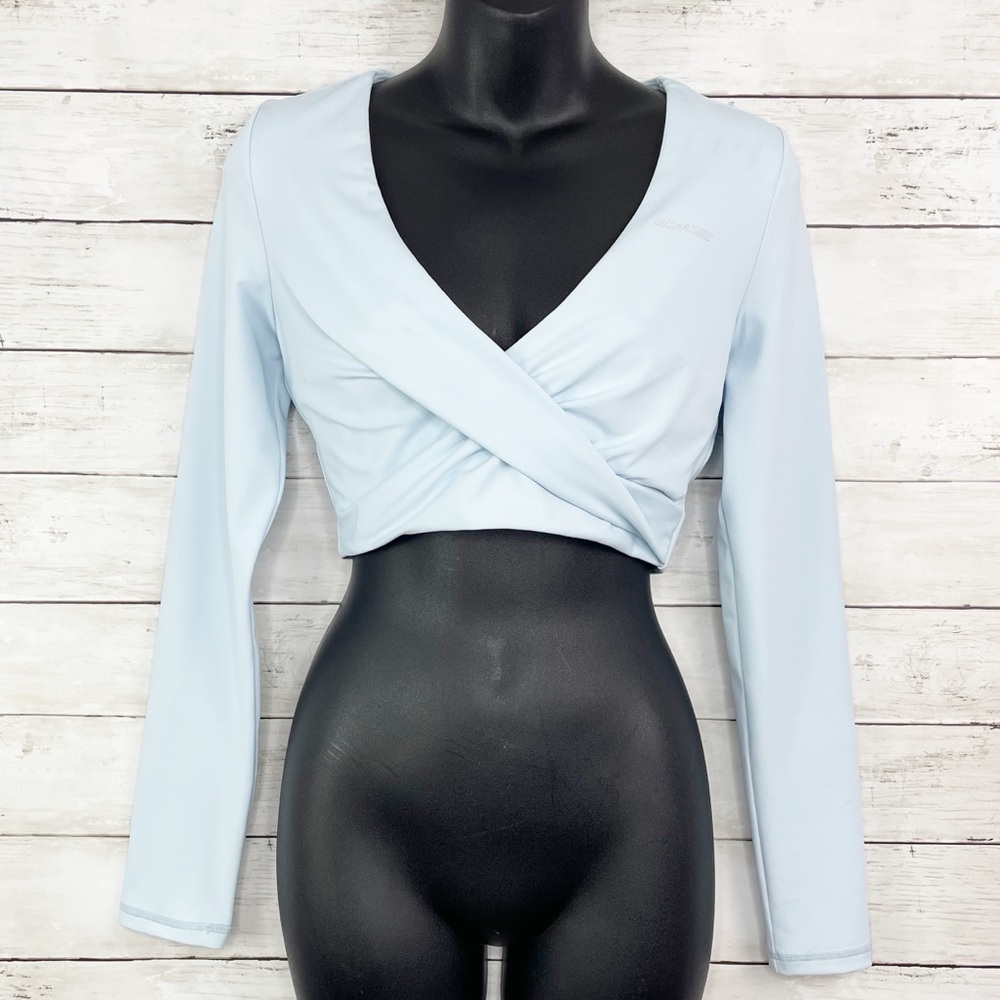 BO+TEE Progress Slinky Long Sleeve Crop Top Twist Front Light Sky Blue